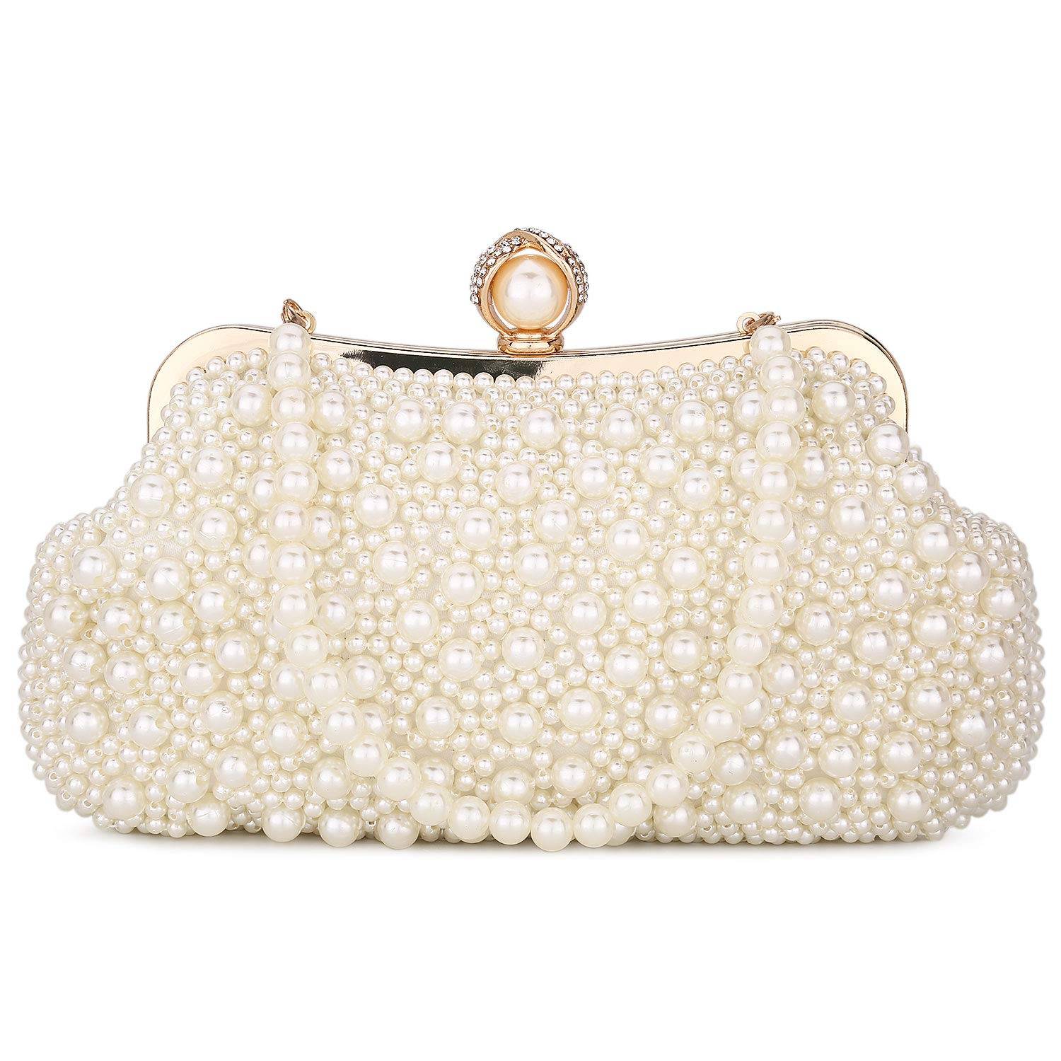 UBORSE Women Pearl Clutch Bag Noble Crystal Beaded Evening Bag Wedding Clutch with Pearl Chain