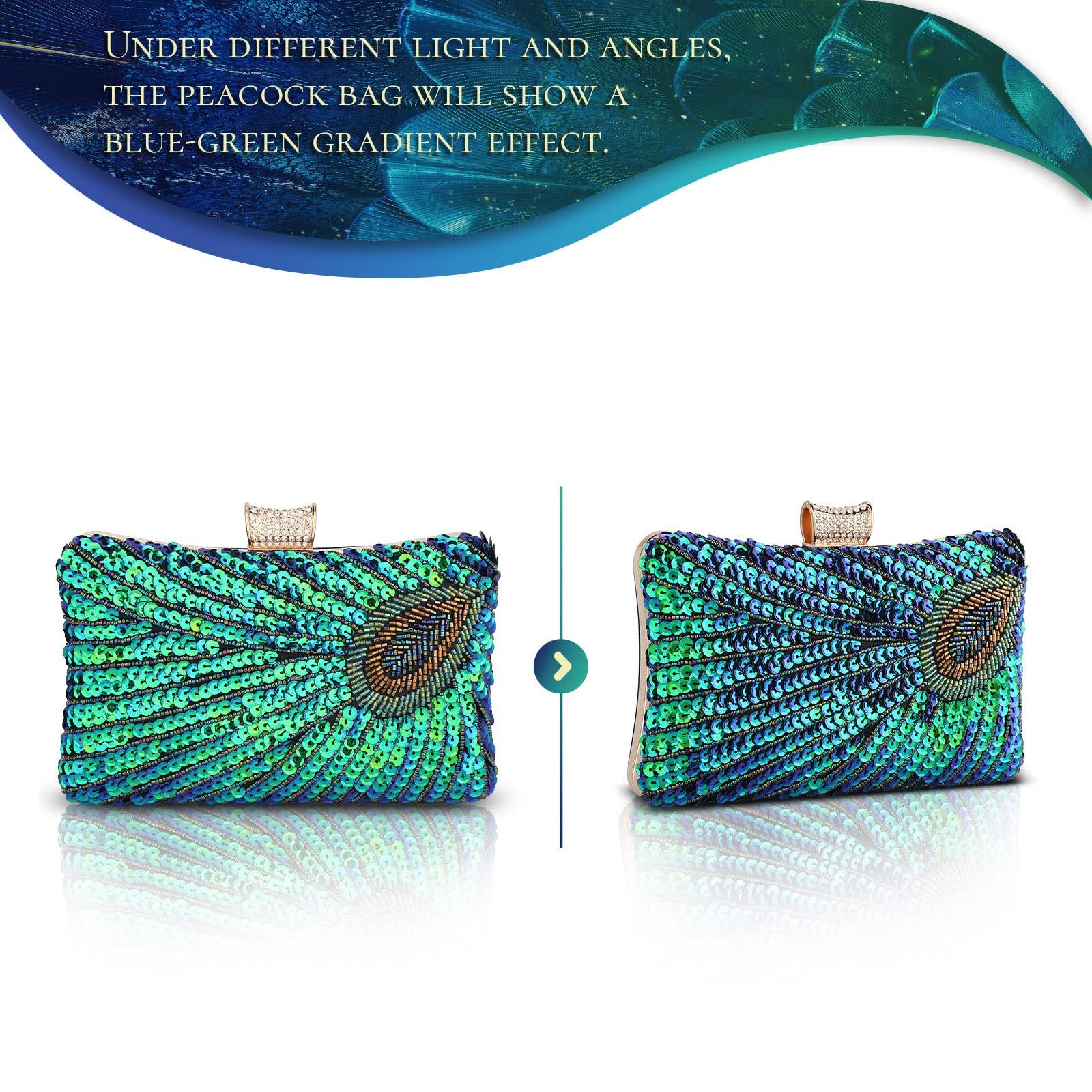 UBORSE Beaded Sequin Peacock Evening Clutch Bags Party Wedding Purse