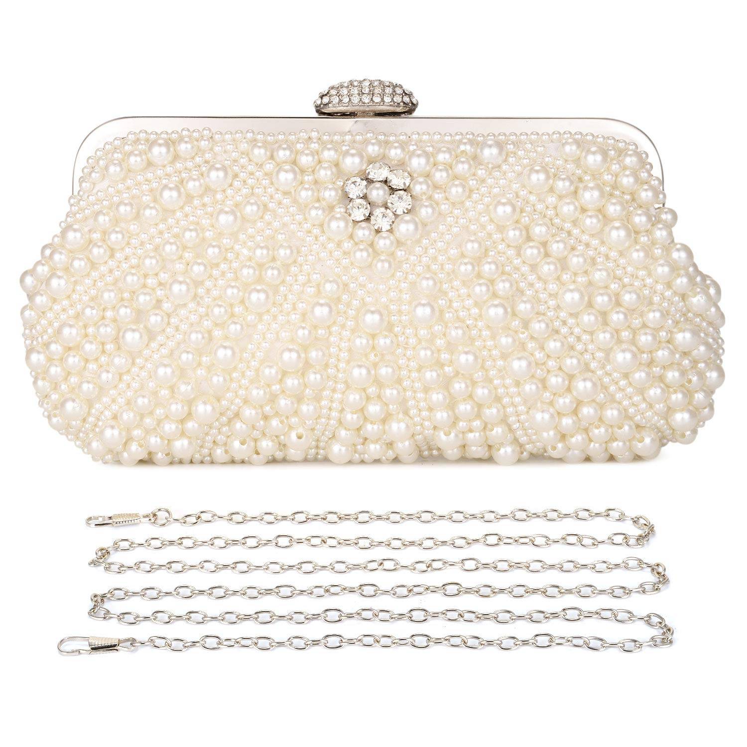 UBORSE Women Pearl Clutch Bag Noble Crystal Beaded Evening Bag Wedding Clutch with Pearl Chain