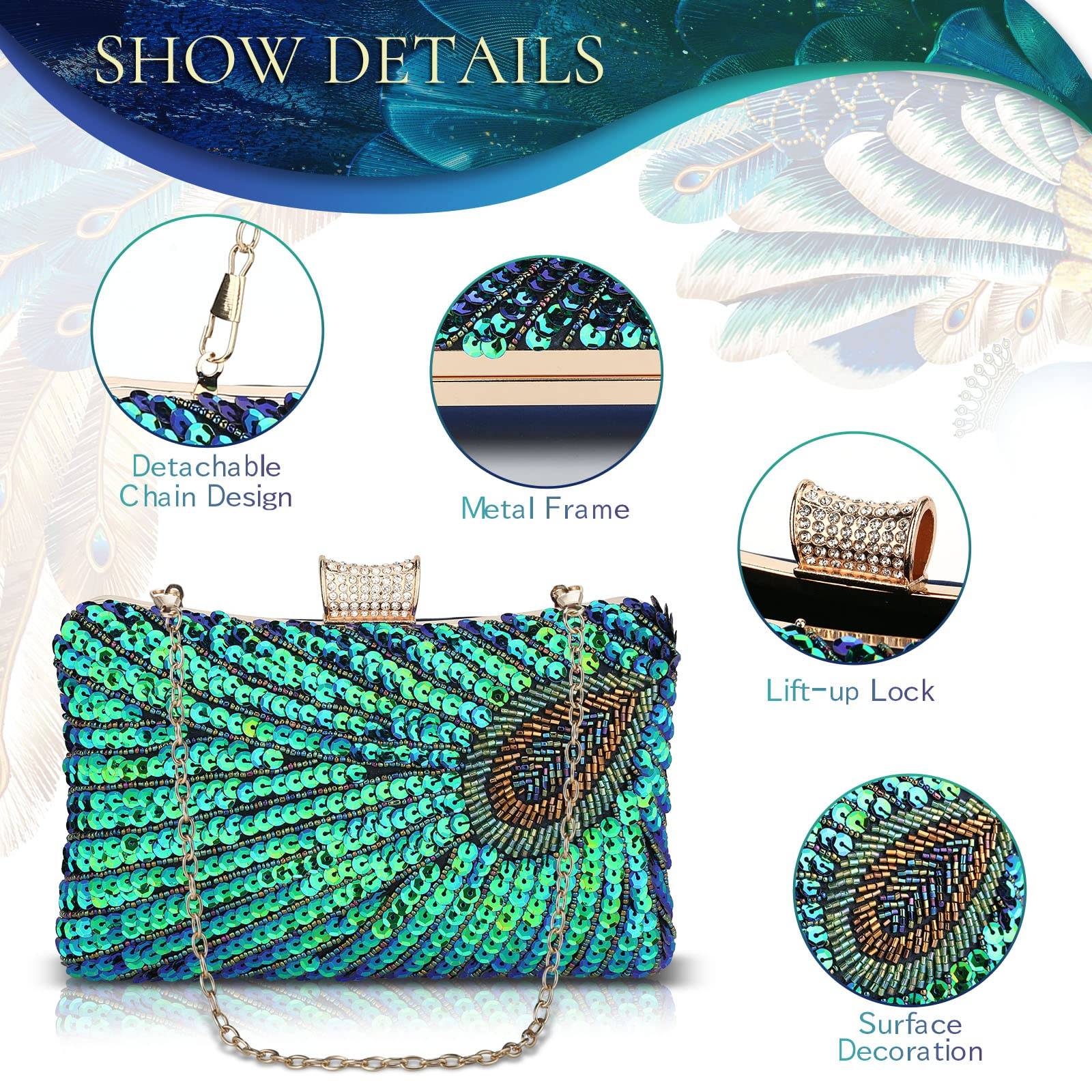 UBORSE Beaded Sequin Peacock Evening Clutch Bags Party Wedding Purse