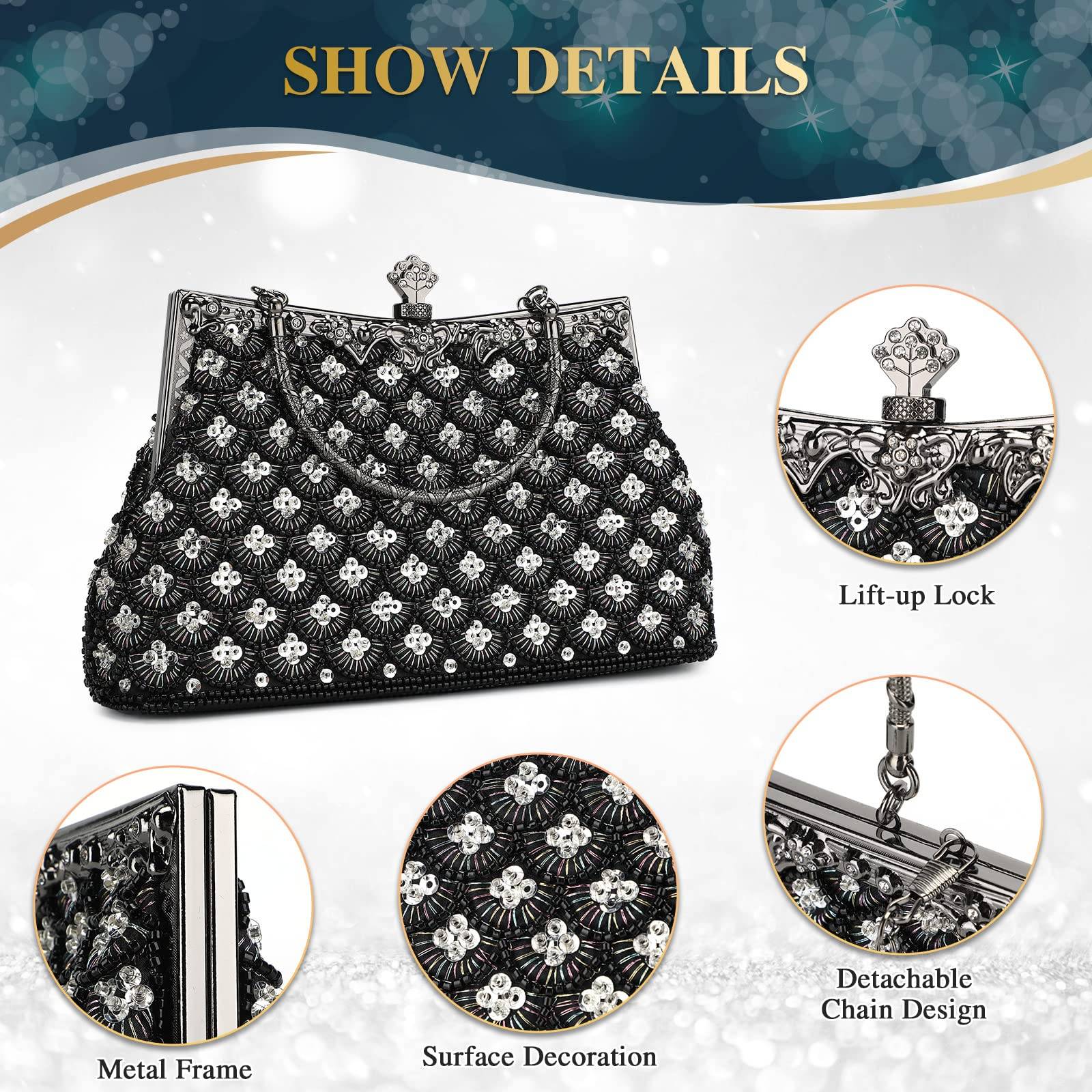 UBORSE Women Vintage Floral Beaded Rhinestone Embroidery Clutch Evening Handbag Wedding Party Purse Vintage Bags