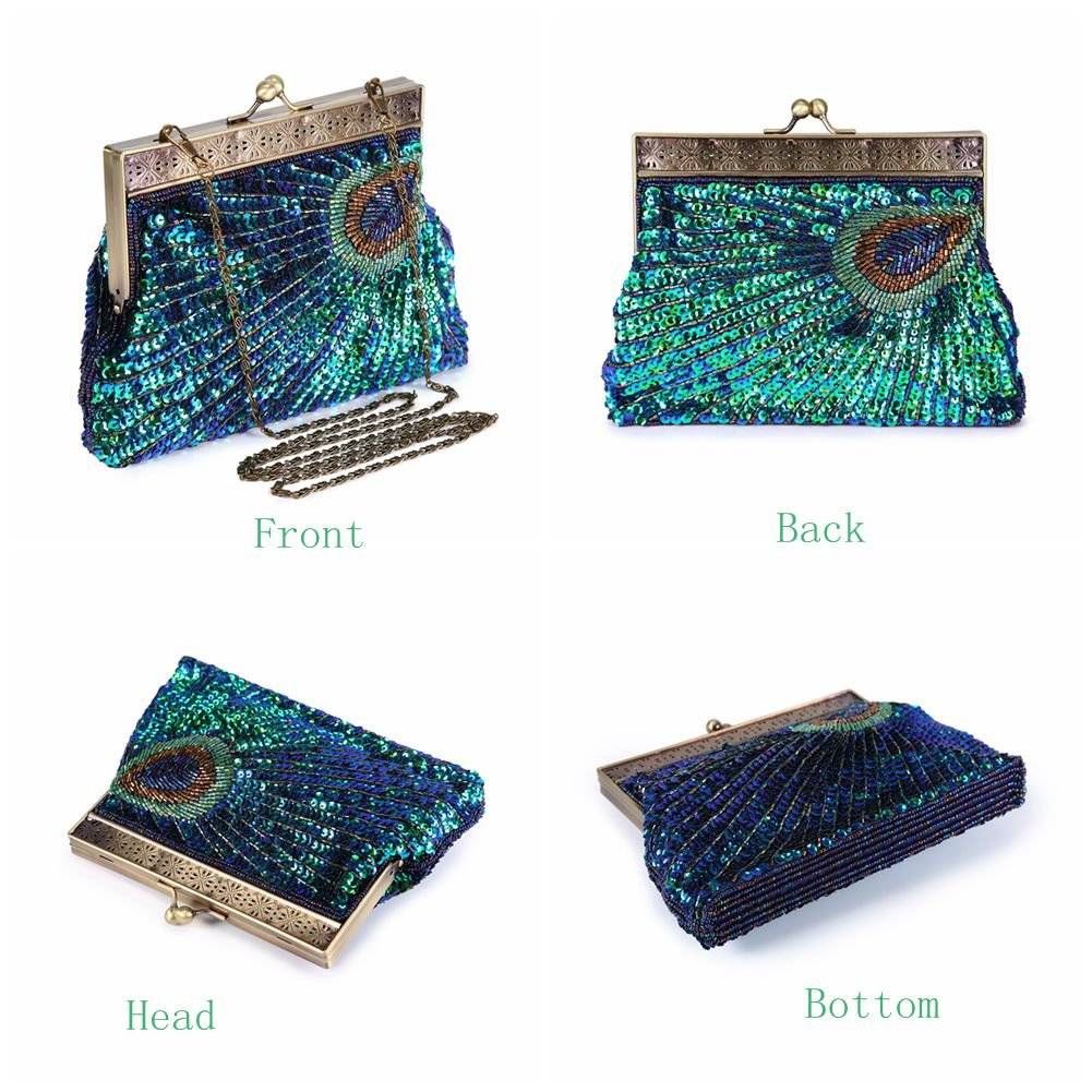 UBORSE Beaded Sequin Peacock Evening Clutch Bags Party Wedding Purse