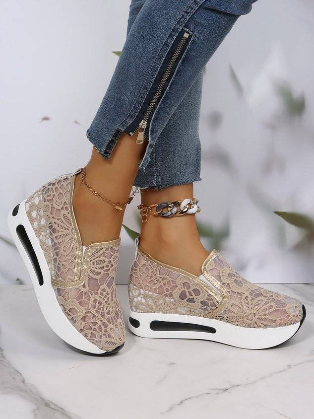 Floral Embroidered Mesh Paneled Slip-On Wedge Sneakers