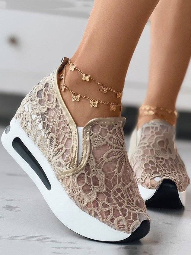 Floral Embroidered Mesh Paneled Slip-On Wedge Sneakers