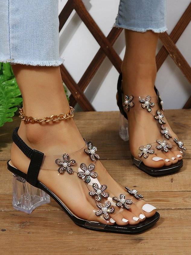 Shining Rhinestone Butterfly Chunky Heel Sandals