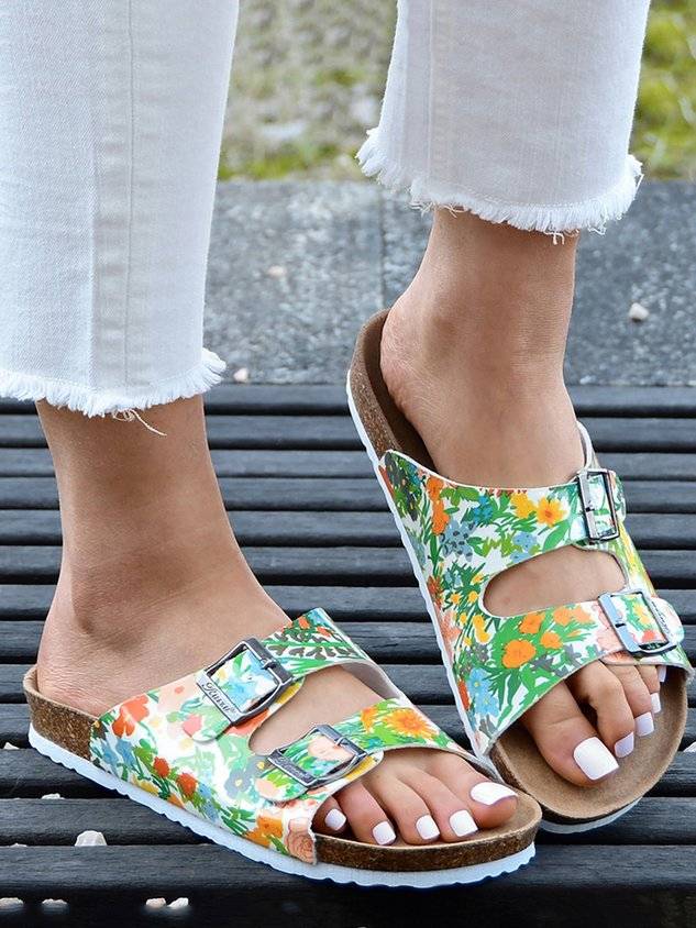 Floral Double Buckle Casual Slide Sandals