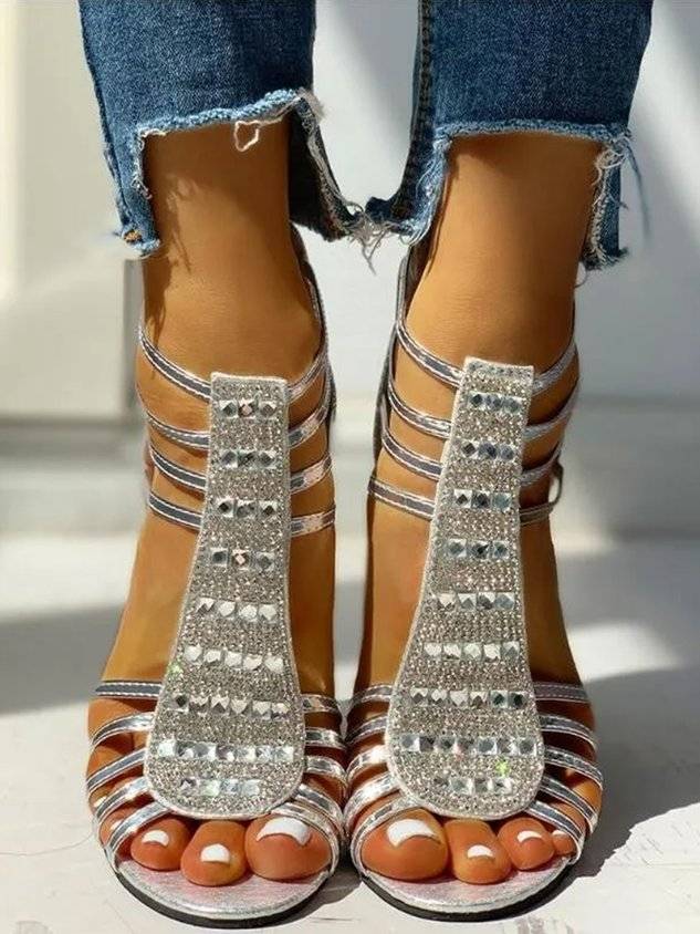 Rhinestone Studded Multi-Strap Chunky Heel Sandals with Back Zip