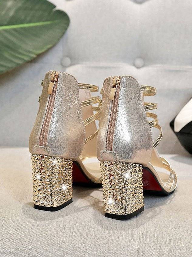 Rhinestone Studded Multi-Strap Chunky Heel Sandals with Back Zip