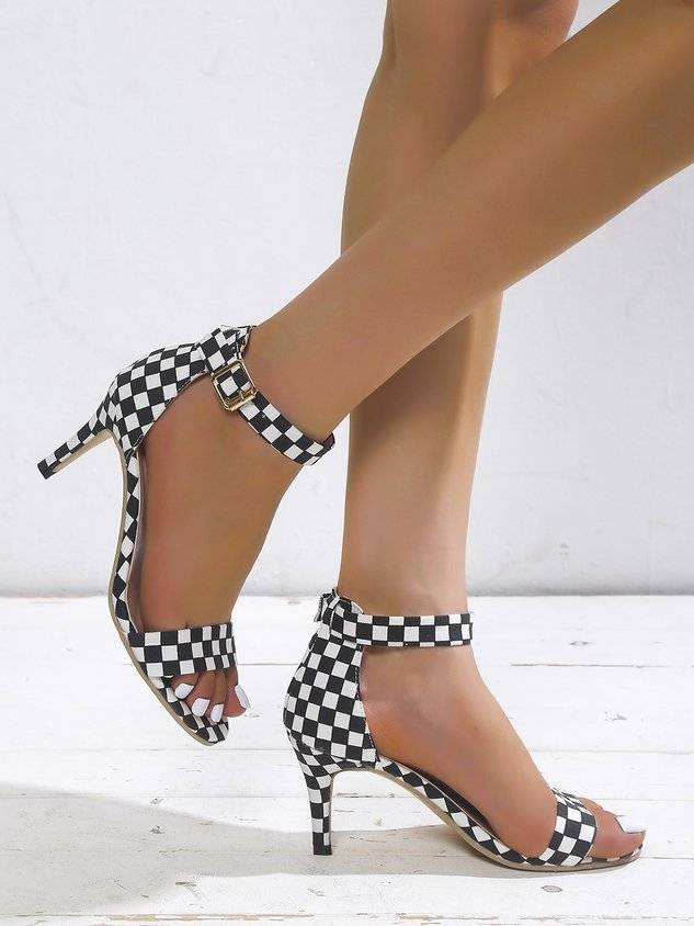 Black-white Heel Strappy Heel Sandals