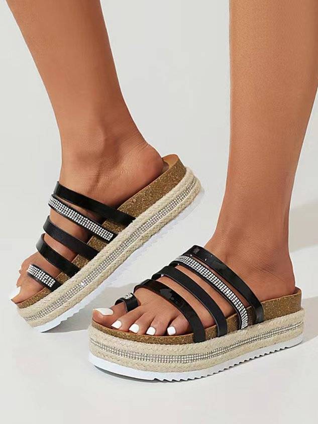 Rhinestone Color Block Straps Toe Ring Platform Espadrille Slide Sandals