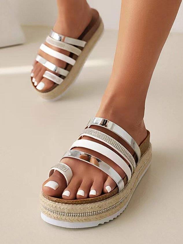 Rhinestone Color Block Straps Toe Ring Platform Espadrille Slide Sandals