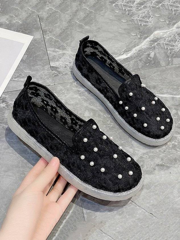 Elegant Embroidery Lace Pearl Decor Breathable Flats Shoes