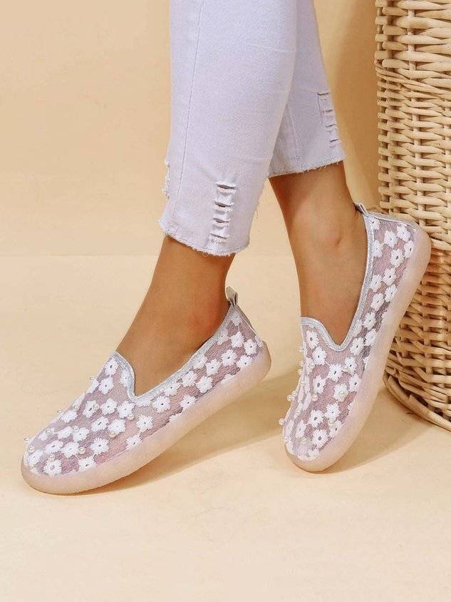 Elegant Embroidery Lace Pearl Decor Breathable Flats Shoes