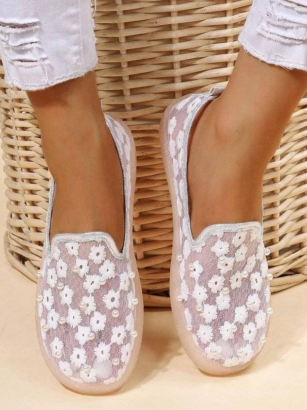 Elegant Embroidery Lace Pearl Decor Breathable Flats Shoes