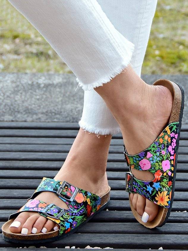 Floral Double Buckle Casual Slide Sandals