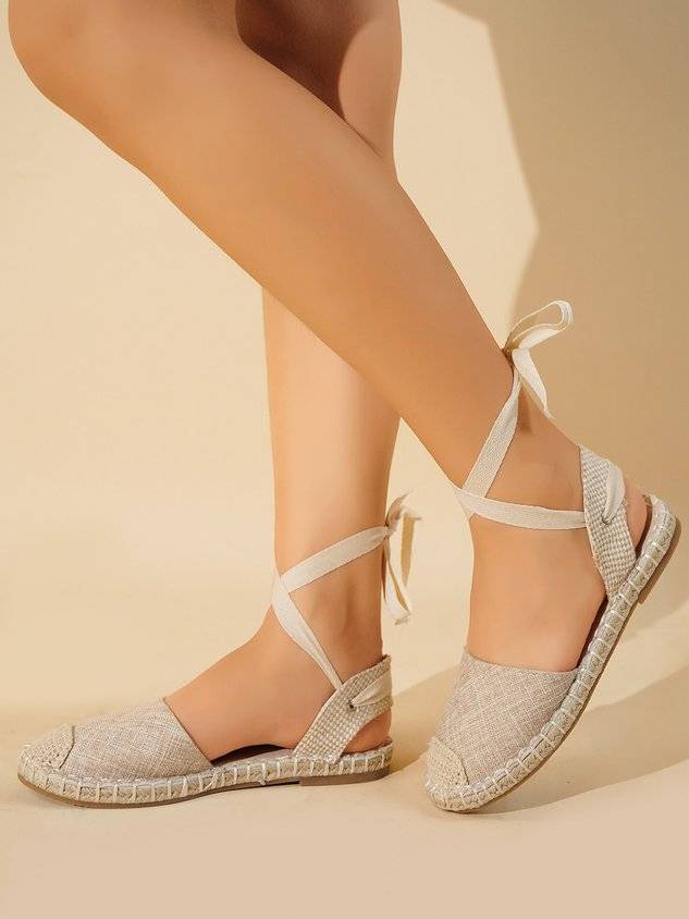 Apricot Linen Strappy Ankle Strap Sandals