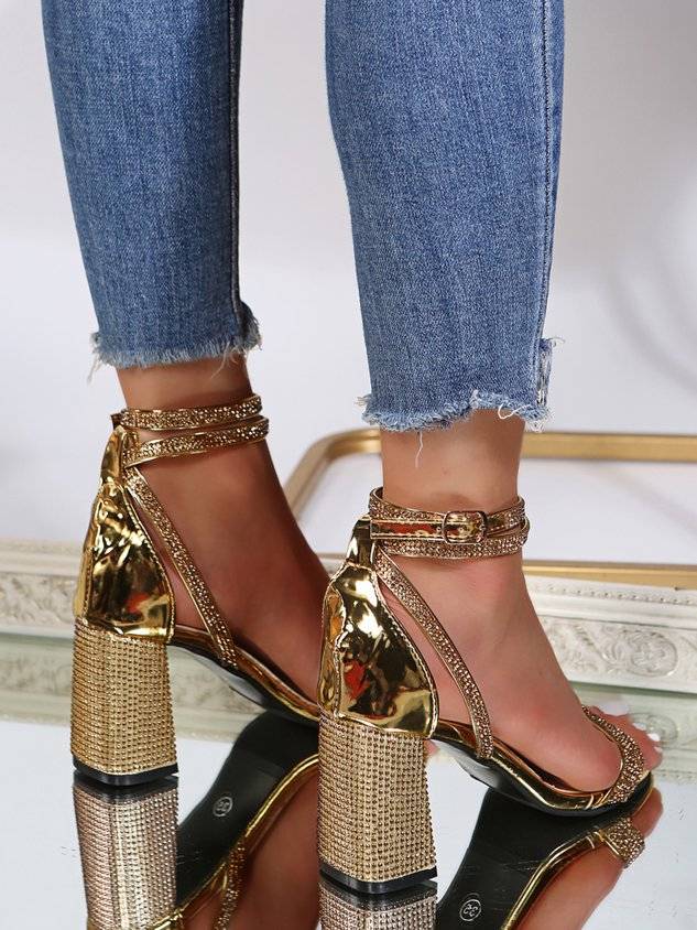 Shining Rhinestone Party Chunky Heel Strappy Sandals