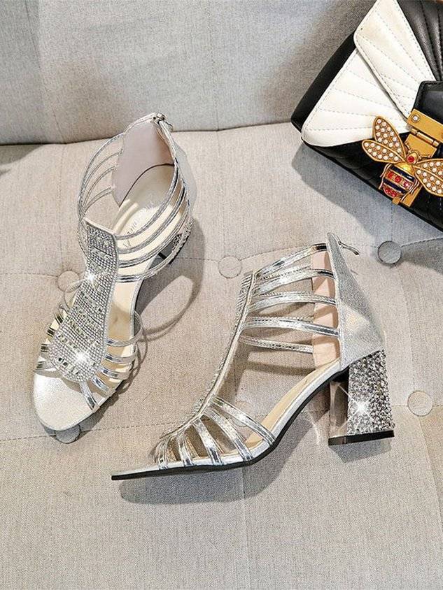 Rhinestone Studded Multi-Strap Chunky Heel Sandals with Back Zip