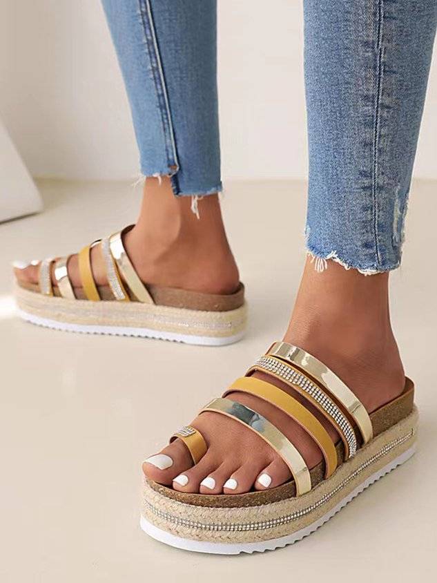 Rhinestone Color Block Straps Toe Ring Platform Espadrille Slide Sandals