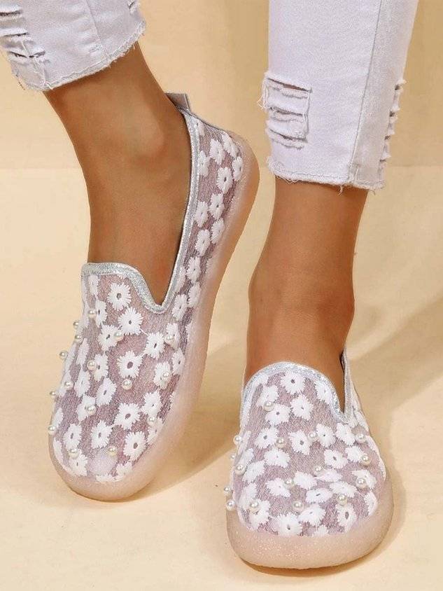 Elegant Embroidery Lace Pearl Decor Breathable Flats Shoes