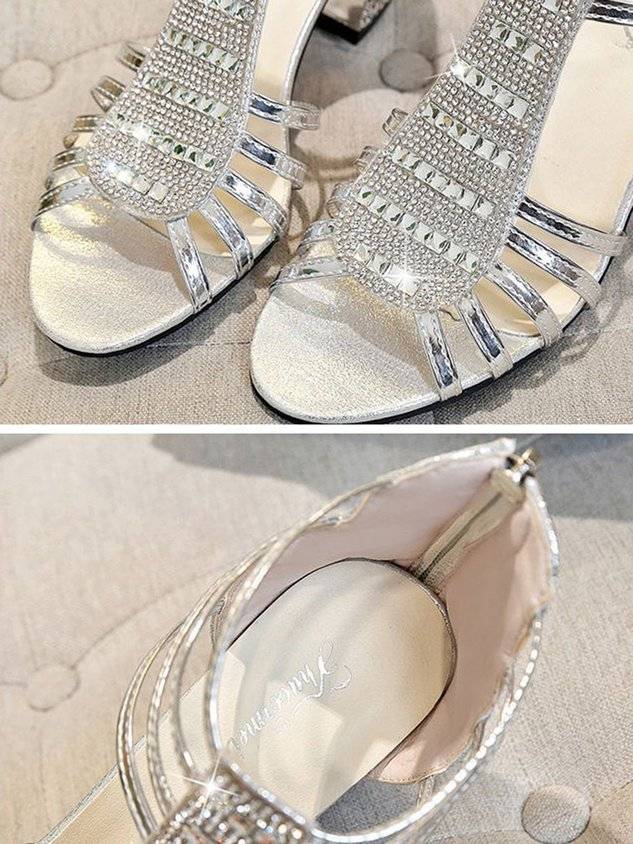 Rhinestone Studded Multi-Strap Chunky Heel Sandals with Back Zip