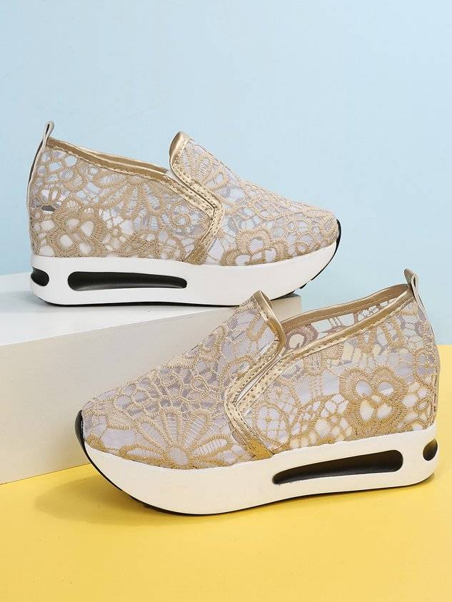 Floral Embroidered Mesh Paneled Slip-On Wedge Sneakers