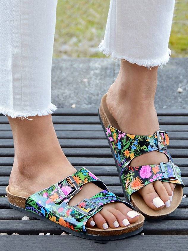 Floral Double Buckle Casual Slide Sandals