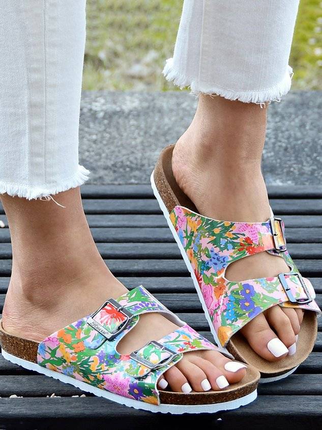 Floral Double Buckle Casual Slide Sandals