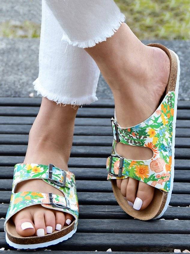 Floral Double Buckle Casual Slide Sandals