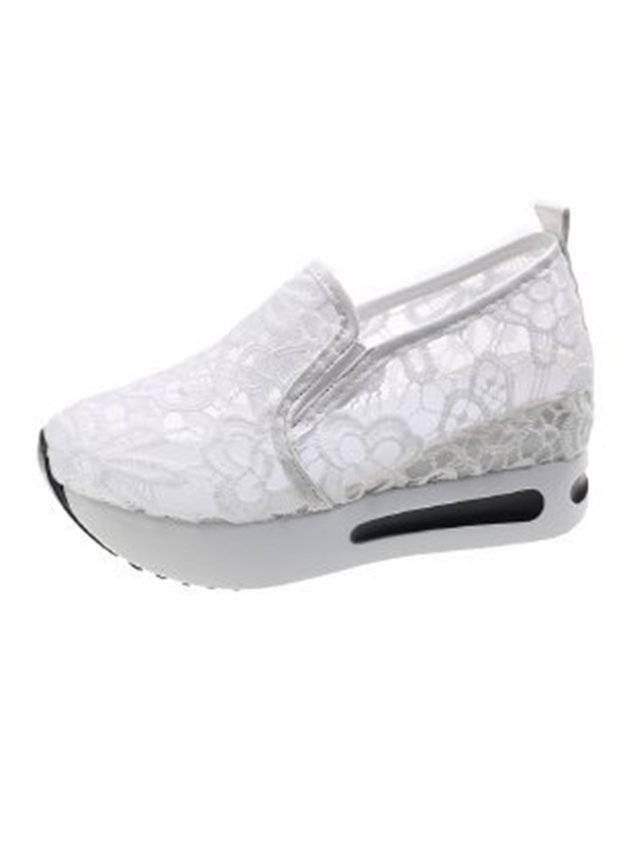 Floral Embroidered Mesh Paneled Slip-On Wedge Sneakers