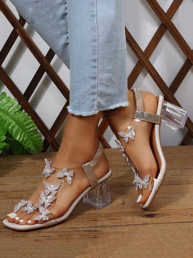 Shining Rhinestone Butterfly Chunky Heel Sandals