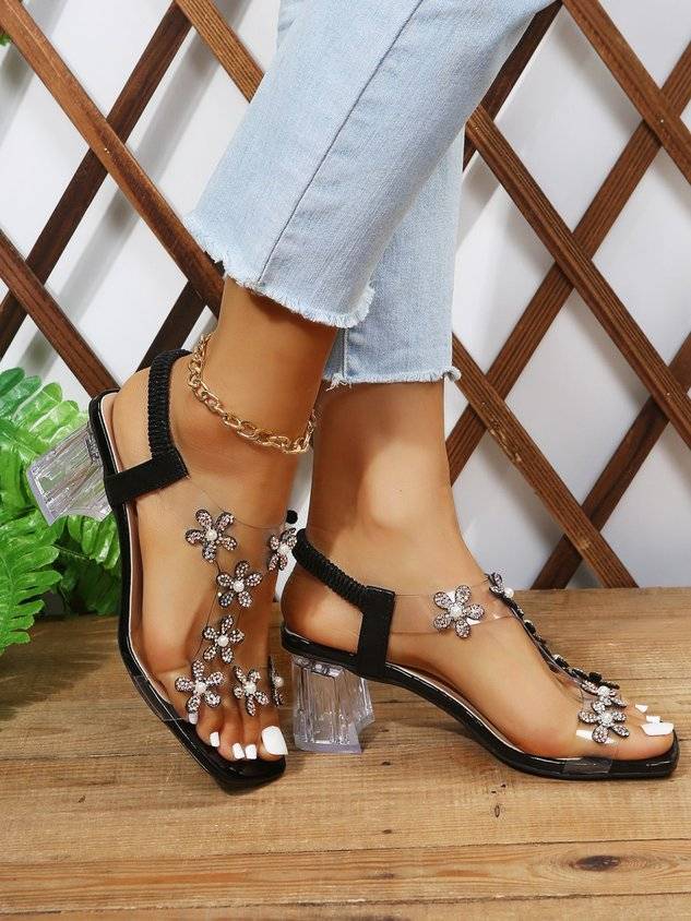 Shining Rhinestone Butterfly Chunky Heel Sandals