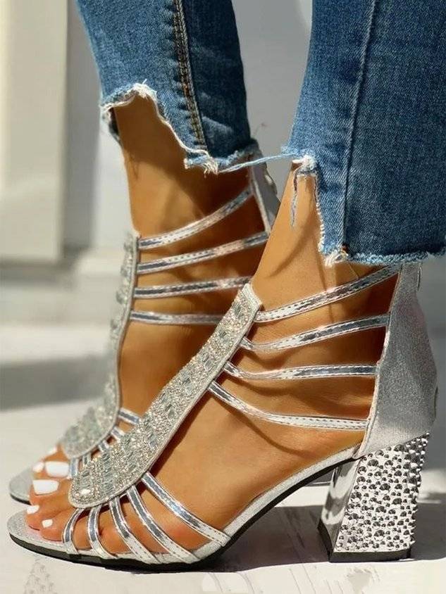 Rhinestone Studded Multi-Strap Chunky Heel Sandals with Back Zip