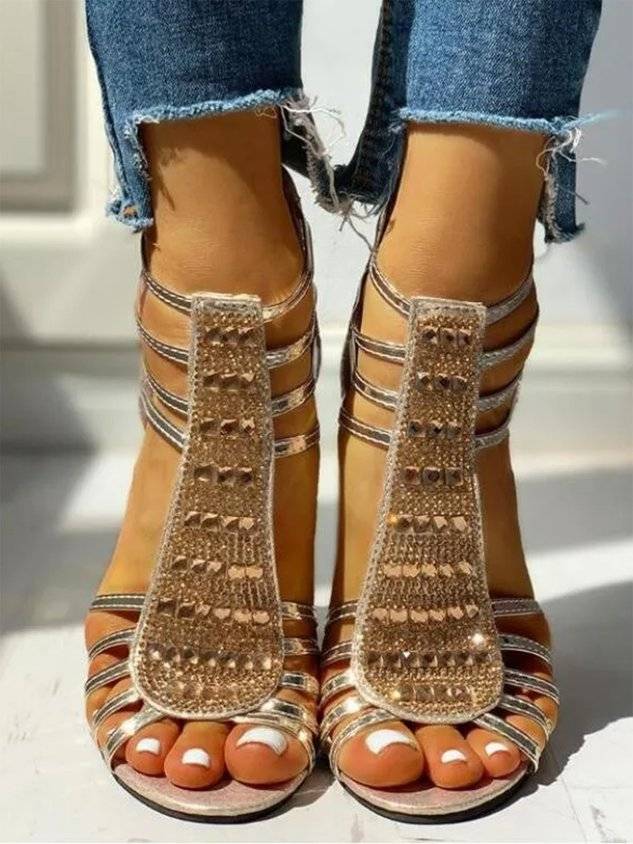 Rhinestone Studded Multi-Strap Chunky Heel Sandals with Back Zip