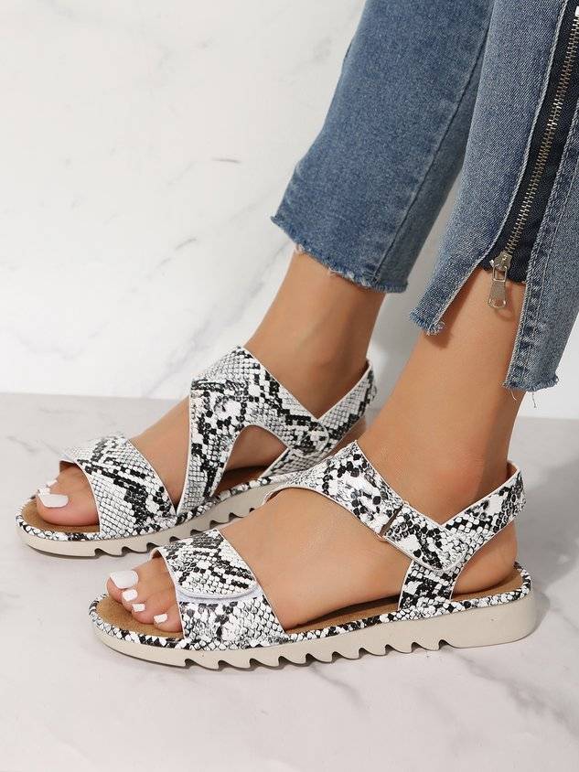 Black And White Snake Print Velcro Casual Sandals