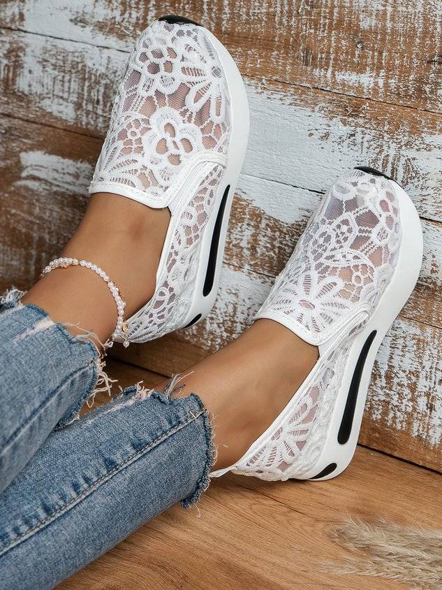 Floral Embroidered Mesh Paneled Slip-On Wedge Sneakers