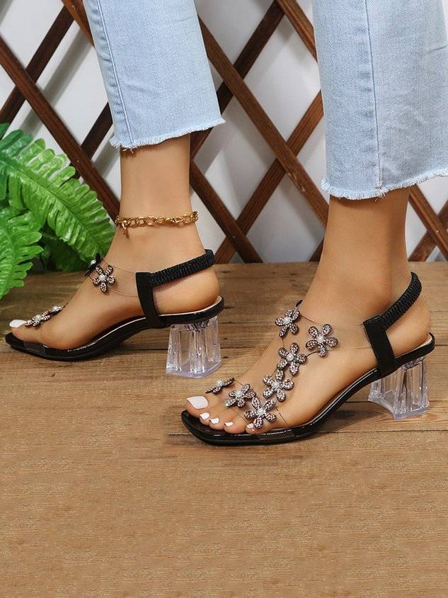 Shining Rhinestone Butterfly Chunky Heel Sandals