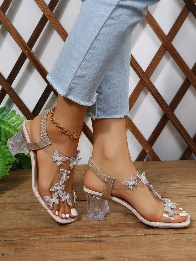 Shining Rhinestone Butterfly Chunky Heel Sandals