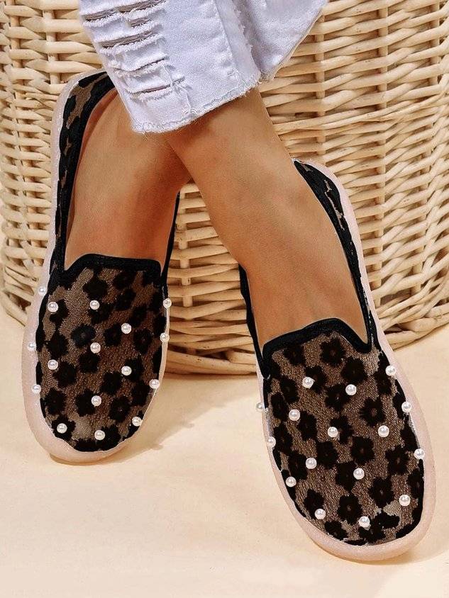 Elegant Embroidery Lace Pearl Decor Breathable Flats Shoes