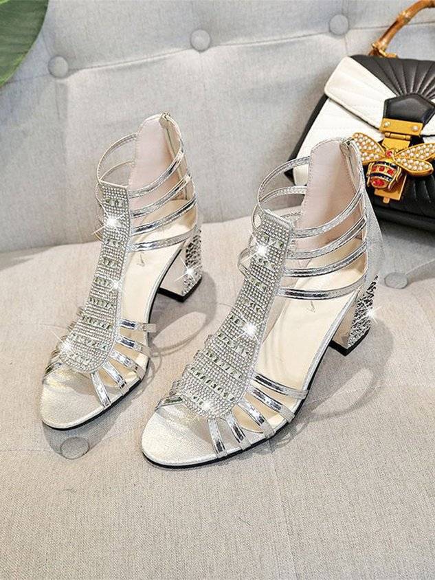 Rhinestone Studded Multi-Strap Chunky Heel Sandals with Back Zip