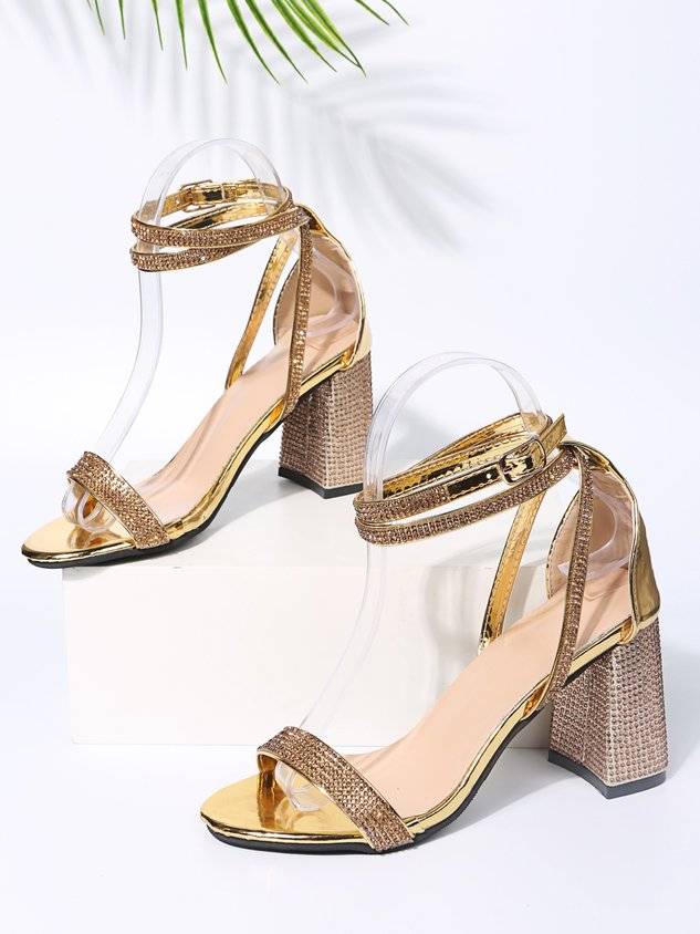 Shining Rhinestone Party Chunky Heel Strappy Sandals