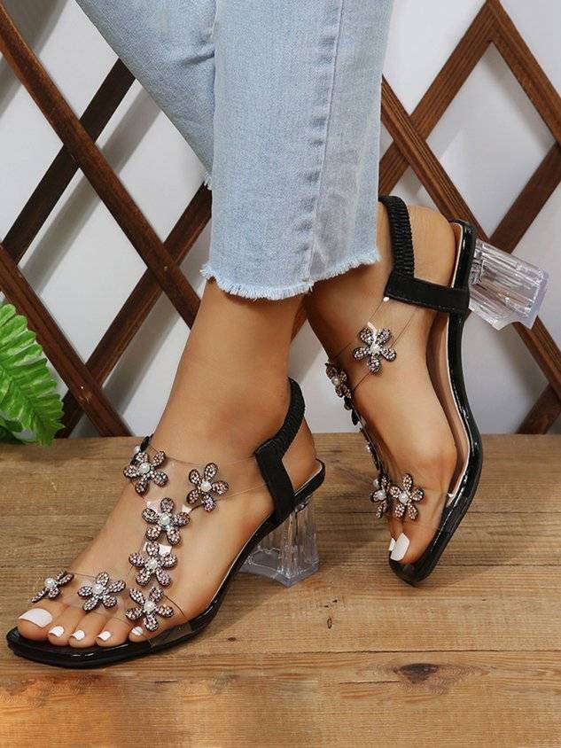 Shining Rhinestone Butterfly Chunky Heel Sandals