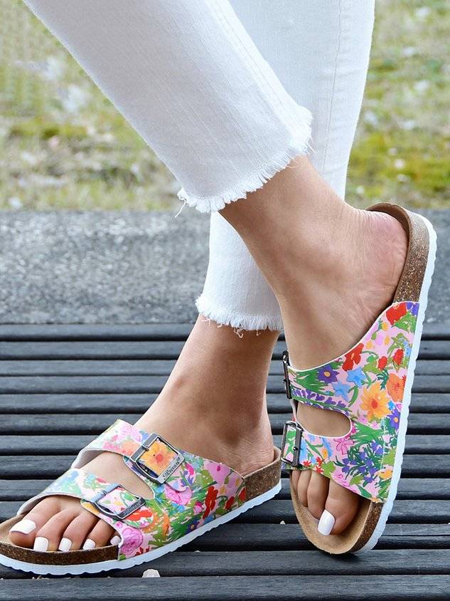 Floral Double Buckle Casual Slide Sandals