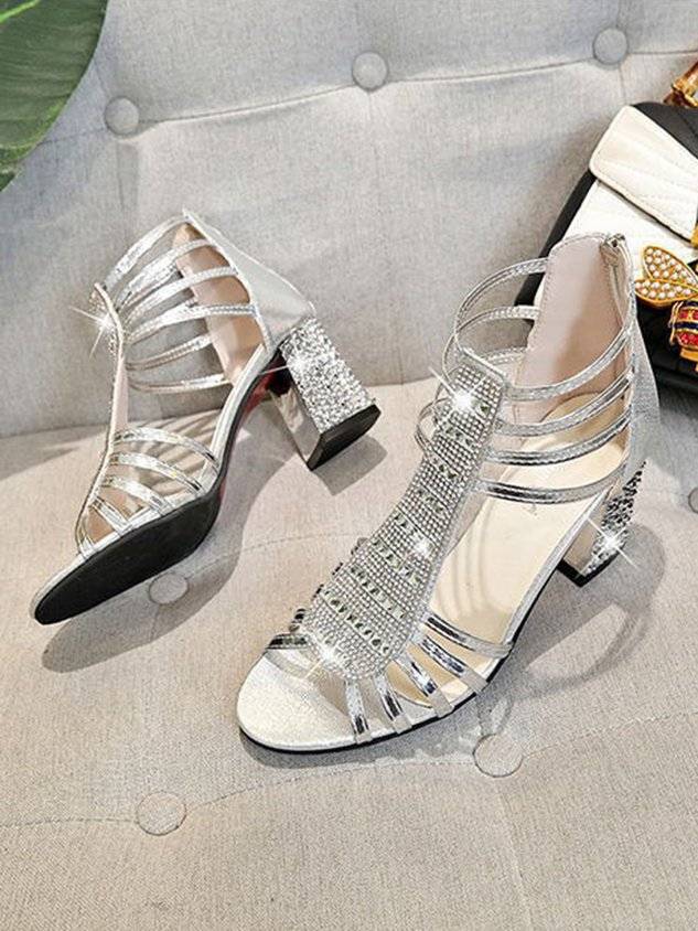 Rhinestone Studded Multi-Strap Chunky Heel Sandals with Back Zip