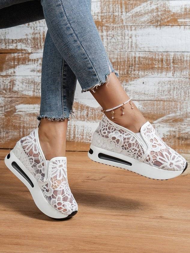 Floral Embroidered Mesh Paneled Slip-On Wedge Sneakers