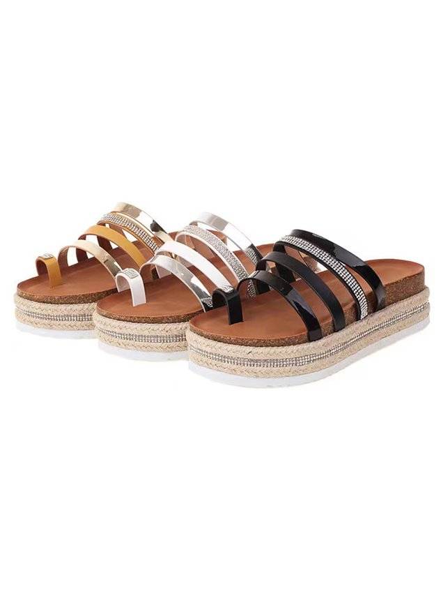 Rhinestone Color Block Straps Toe Ring Platform Espadrille Slide Sandals