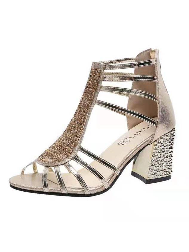 Rhinestone Studded Multi-Strap Chunky Heel Sandals with Back Zip