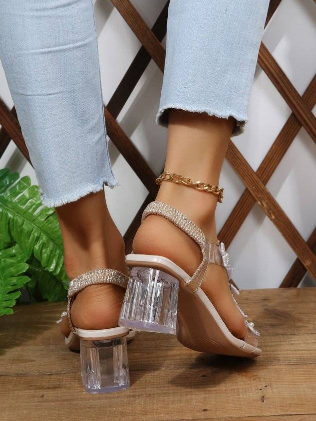 Shining Rhinestone Butterfly Chunky Heel Sandals