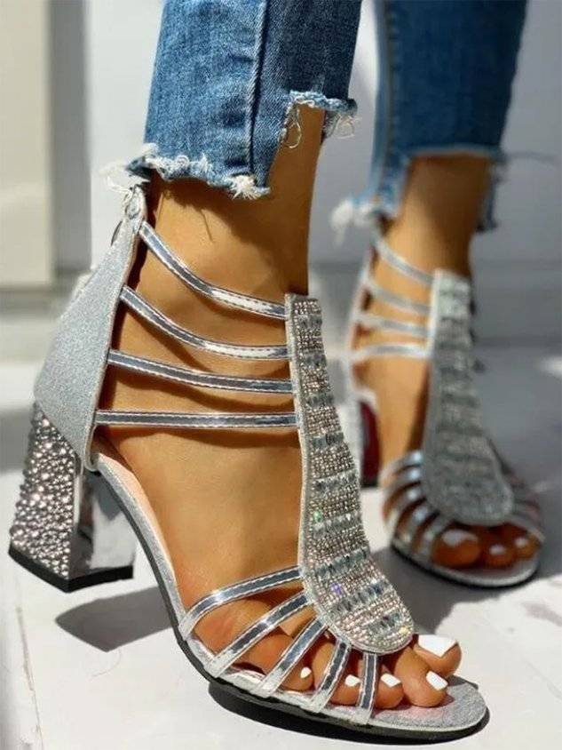 Rhinestone Studded Multi-Strap Chunky Heel Sandals with Back Zip