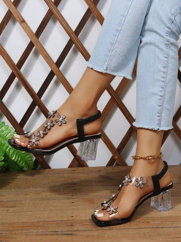 Shining Rhinestone Butterfly Chunky Heel Sandals